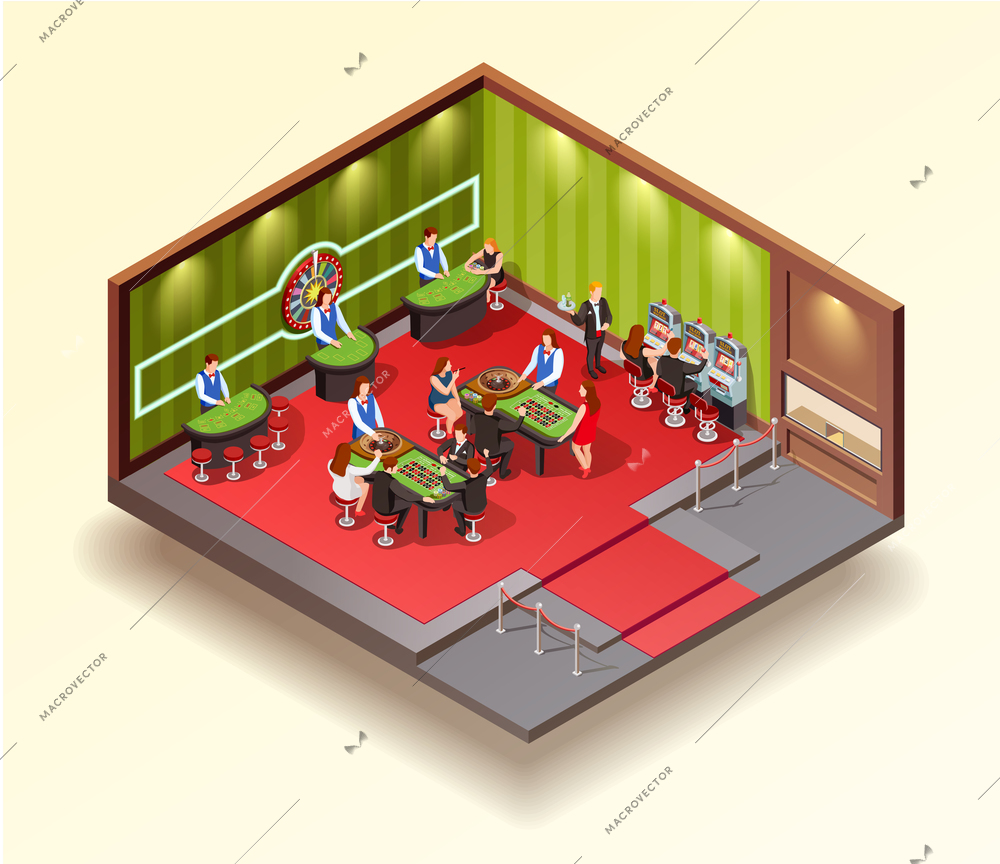 Casino isometric Design concept with gaming room cashier slot machines and people playing roulette and poker vector illustration