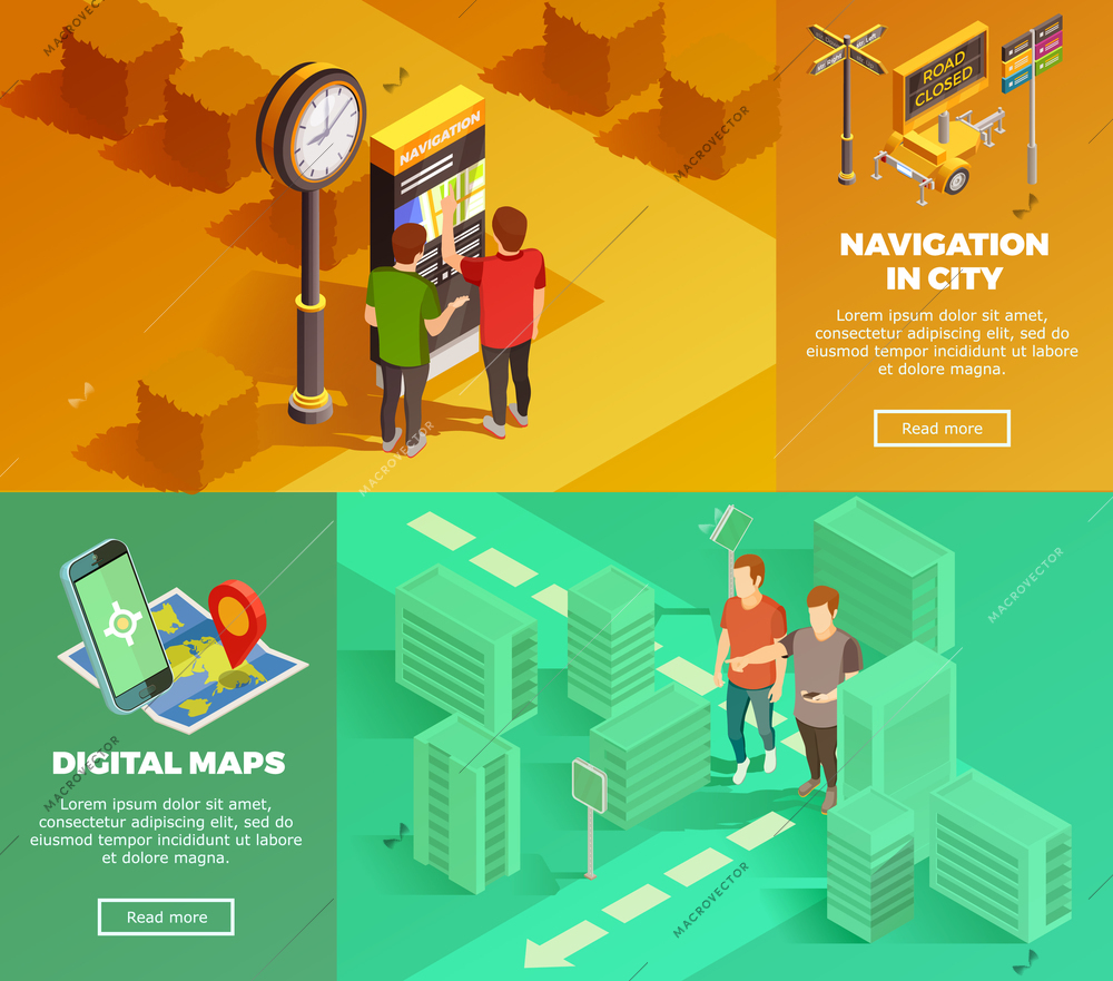 Colorful horizontal city navigation with digital maps isometric banners set isolated vector illustration