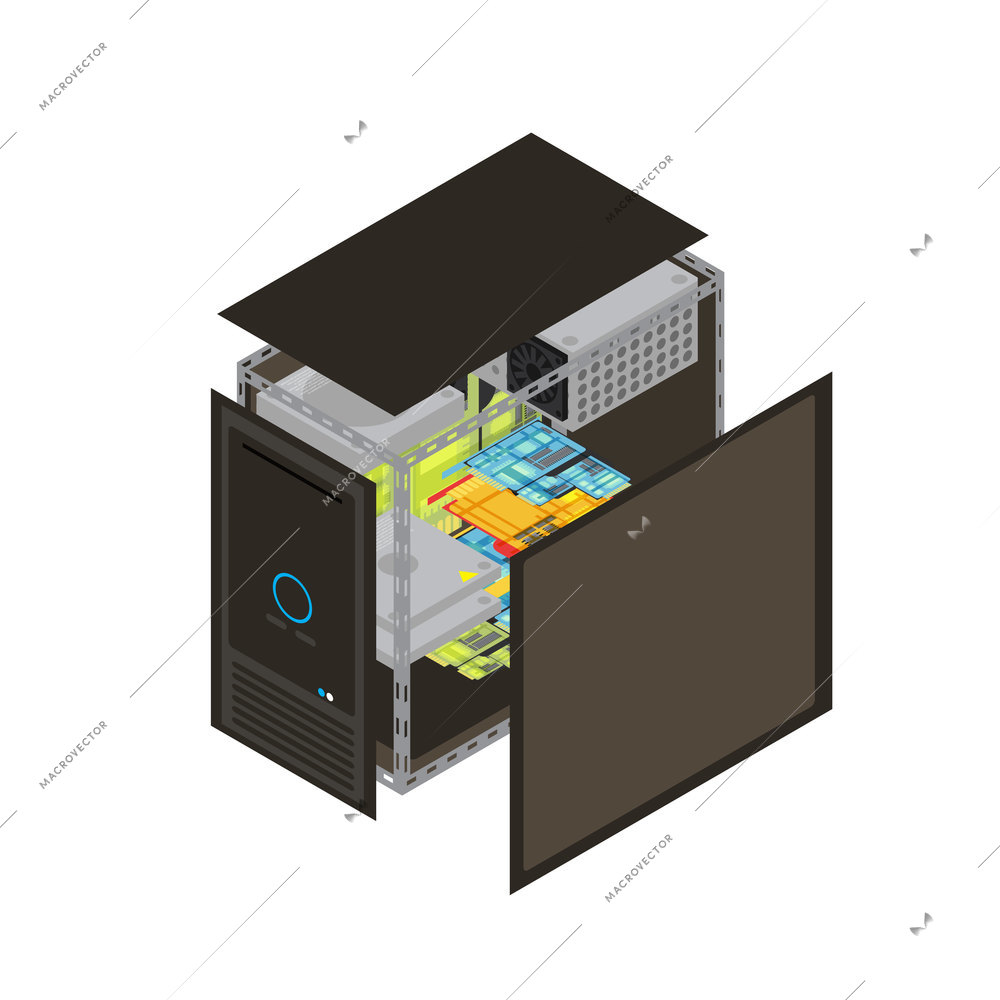 Isometric realistic processor scheme with walls removed to show that the inside vector illustration