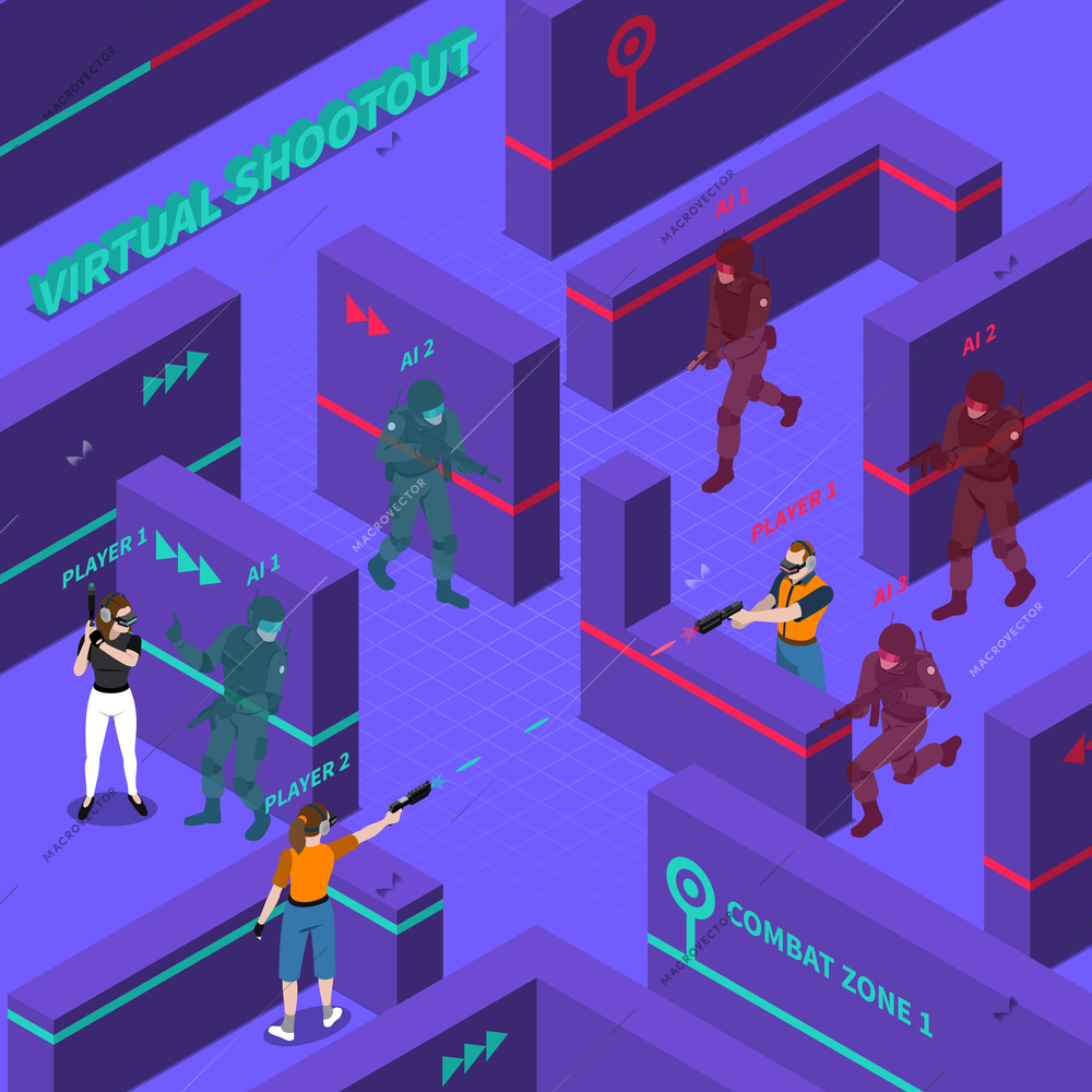 Virtual gun battles including players with electronic equipment computer soldiers barriers in combat zone isometric vector illustration