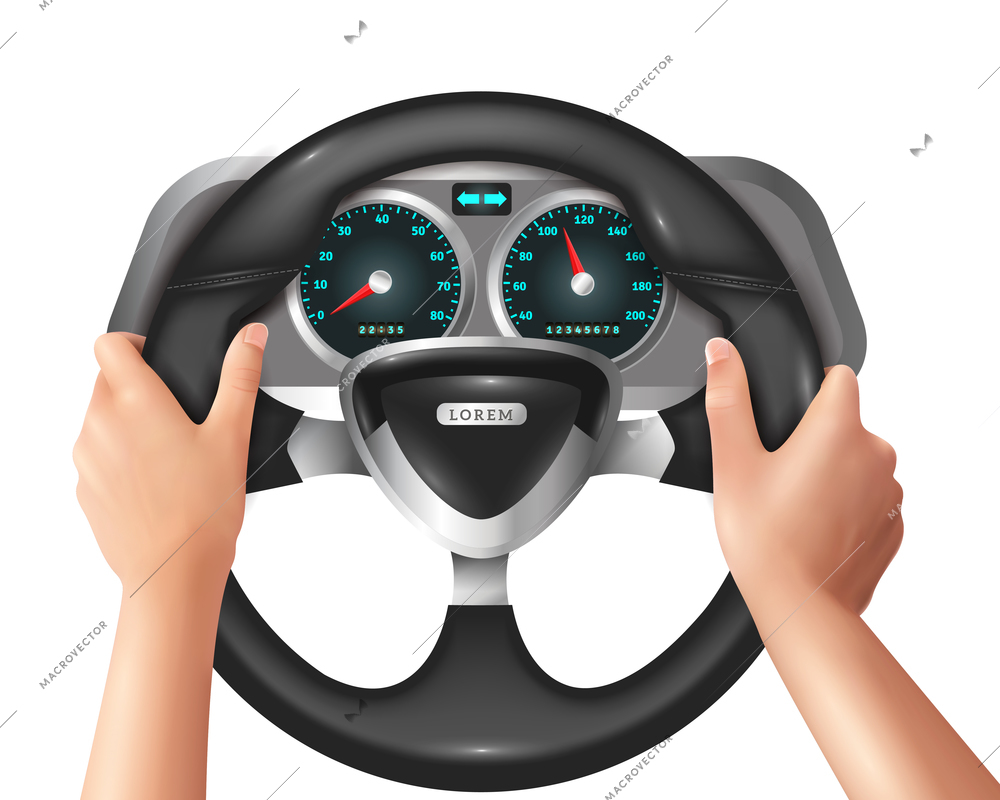 Colored 3d and realistic isolated hands driver in car with steering wheel vector illustration