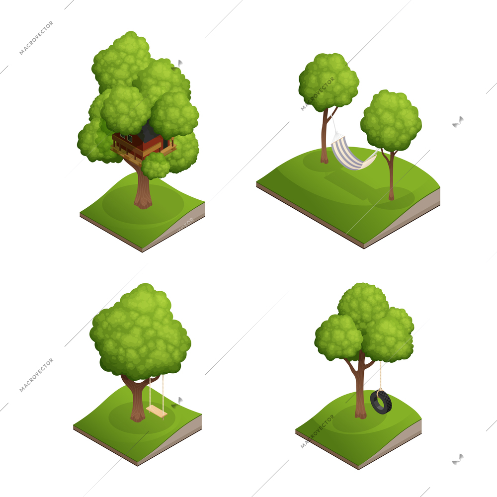 Yard tree swing set with four isolated images of belts based seesaw car tyre and hammock vector illustration