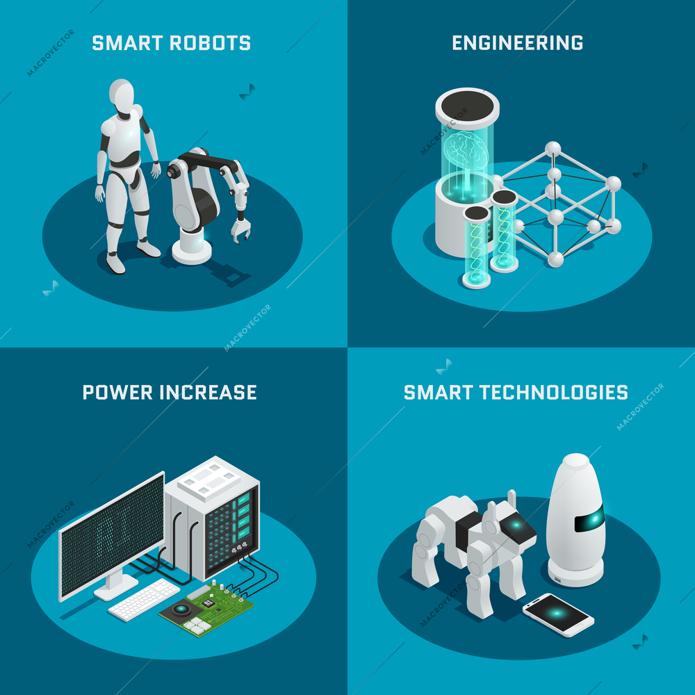 Four square artificial intelligence icon set with smart robot power increase engineering smart technologies descriptions vector illustration