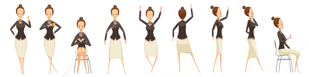 Set of various poses of business woman with emotions on face cartoon style isolated vector illustration