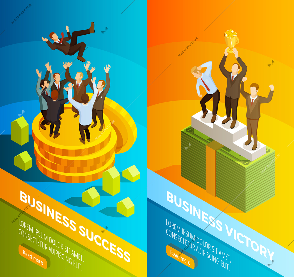 Successful winning business leaders victory celebration on podium 2 vertical isometric banners set isolated vector illustration