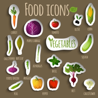 Food vegetables doodle stickers set of carrot pepper onion peas asparagus squash vector illustration