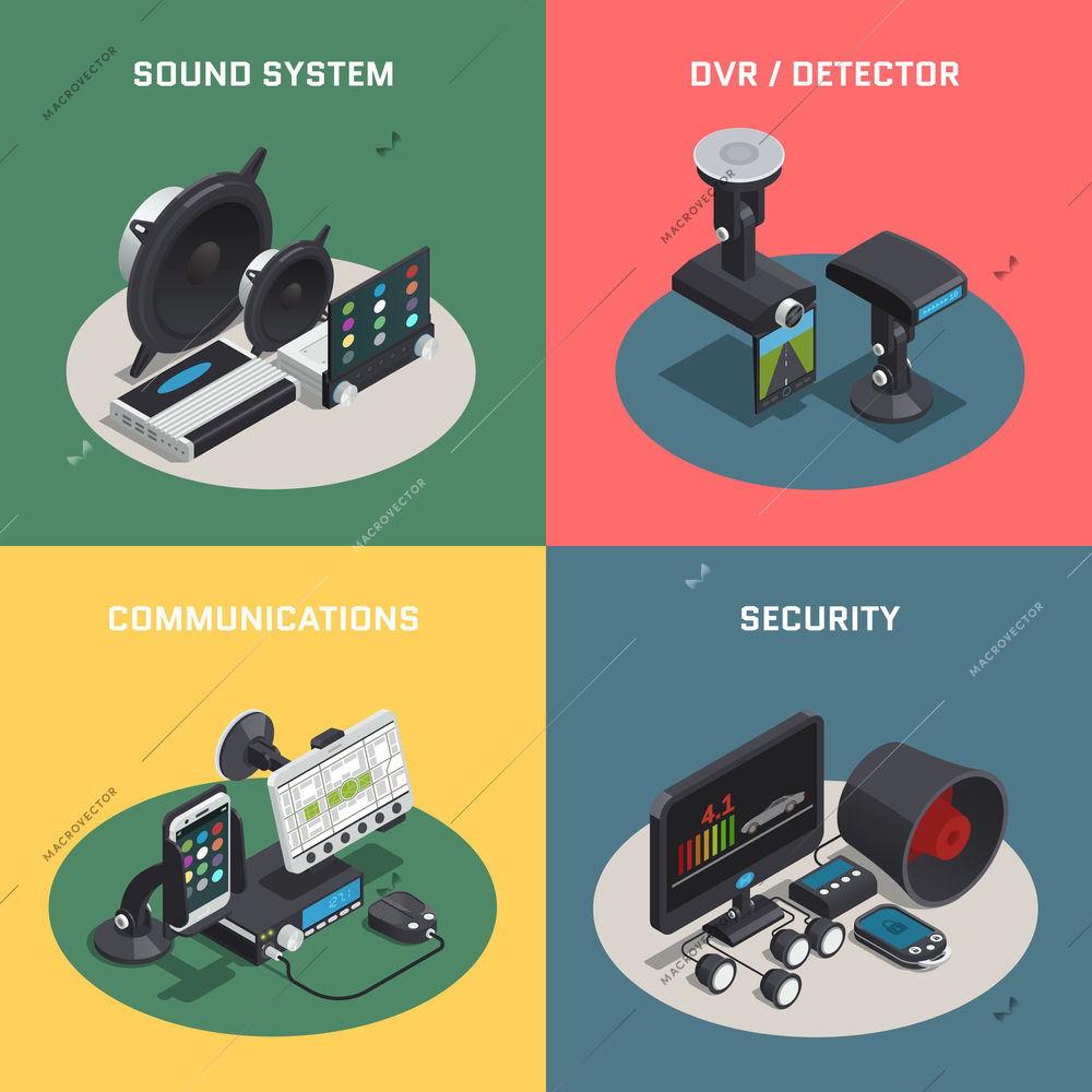 Four square car electronics autoelectronics isometric composition with sound system dvr detector communications and security descriptions vector illustration