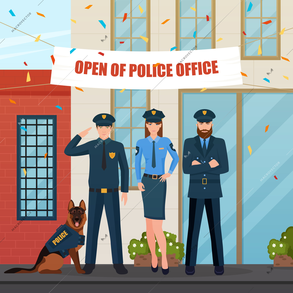 Flat characters of policemen with police dog in front of office with festive decorations and confetti vector illustration