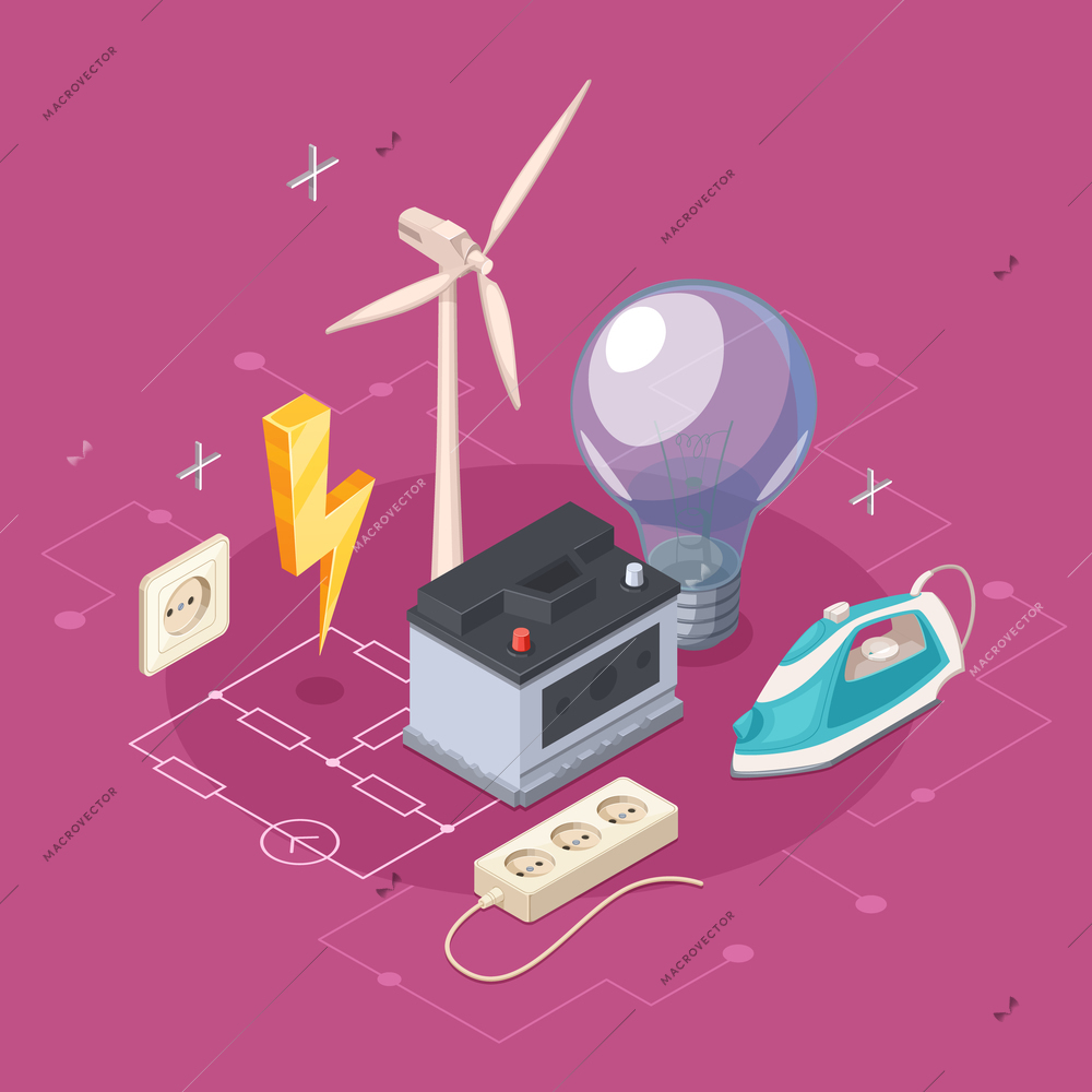 Electricity isometric concept with socket and domestic appliances symbols vector illustration