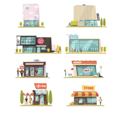 Supermarket building set with coffee shops symbols cartoon isolated vector illustration