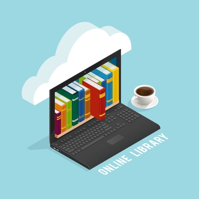 Online library isometric design with books on laptop screen coffee cup cloud on blue background vector illustration