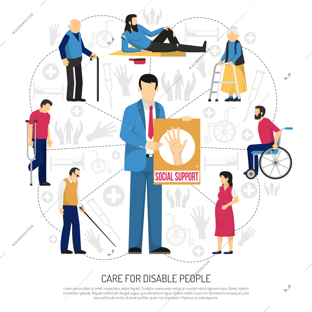 Social support for disabled people composition with elderly persons homeless invalids around man with placard vector illustration