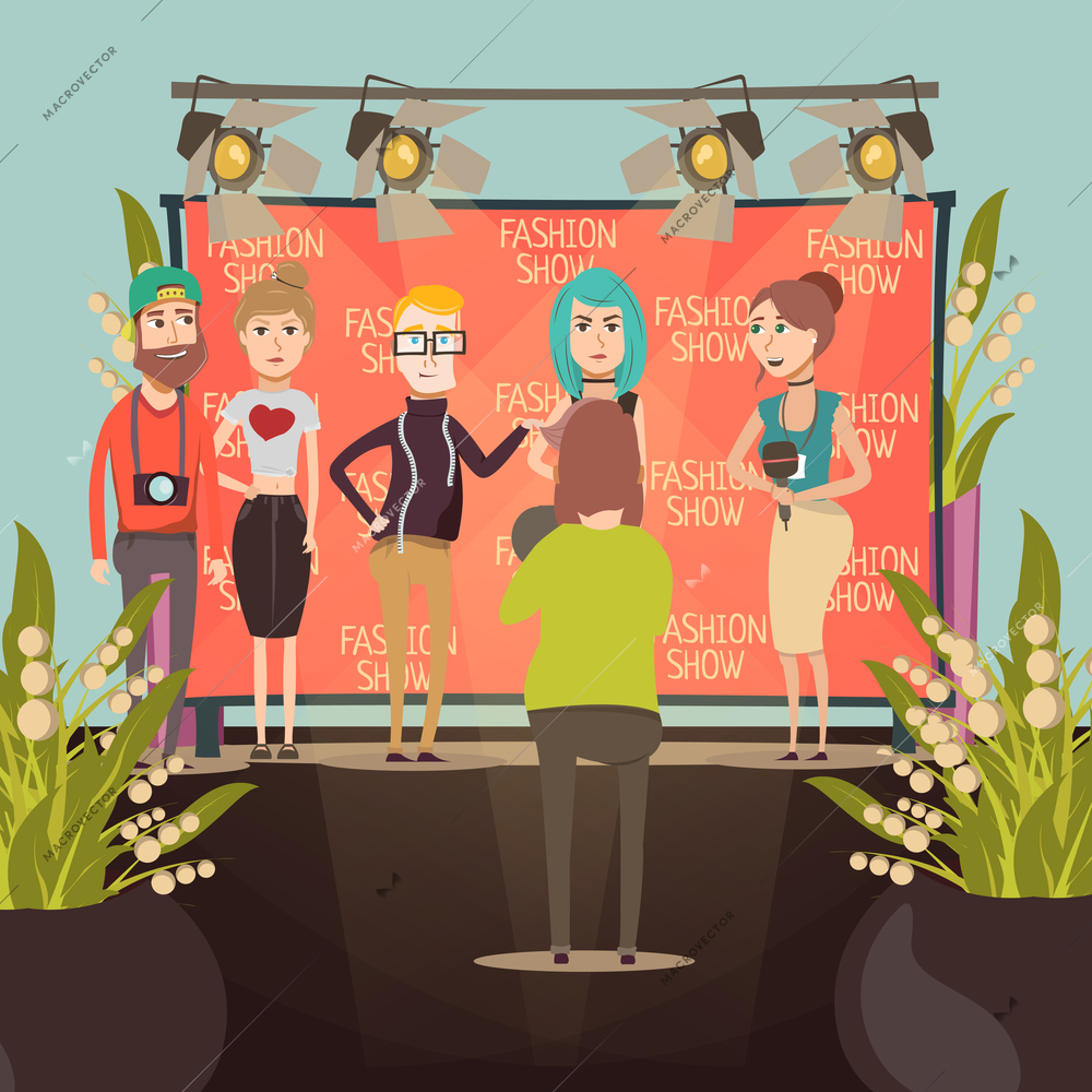 Catwalk fashion set flat background composition with interviewers and model characters in front of advertising banner vector illustration