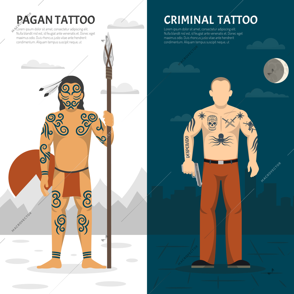 Two isolated tattoo studio vertical banner set with pagan tattoo and criminal tattoo descriptions vector illustration