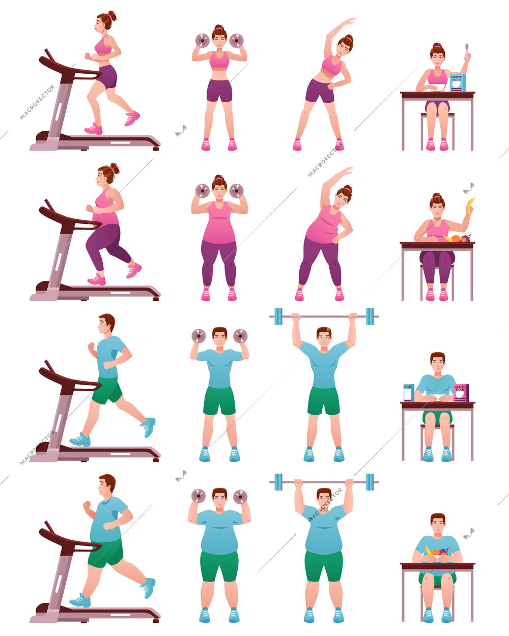 Isolated fat slim fitness people icon set with women and men in gym on treadmill and with shells vector illustration