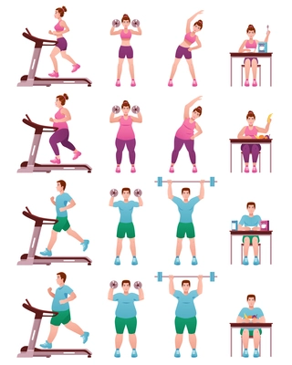 Isolated fat slim fitness people icon set with women and men in gym on treadmill and with shells vector illustration