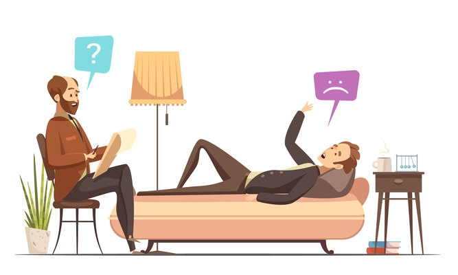 Psychotherapy session in therapist office with patient on sofa talking about his feelings retro cartoon vector illustration