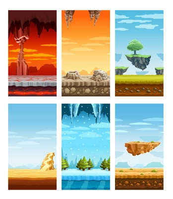 Electronic computer video games 6 beautiful screen display fantastic landscapes elements set colorful cartoon isolated vector illustration