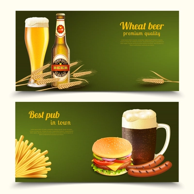 Best pub with premium quality light and dark beer on green background horizontal realistic banners isolated vector illustration