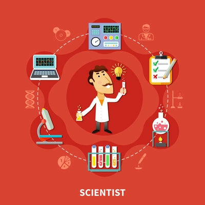 Scientist inventor in research laboratory, man in the circle of chemical icons, flat vector illustration