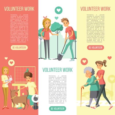 Volunteers work vertical banners set with saving nature help animals and elderly people flat icons vector illustration