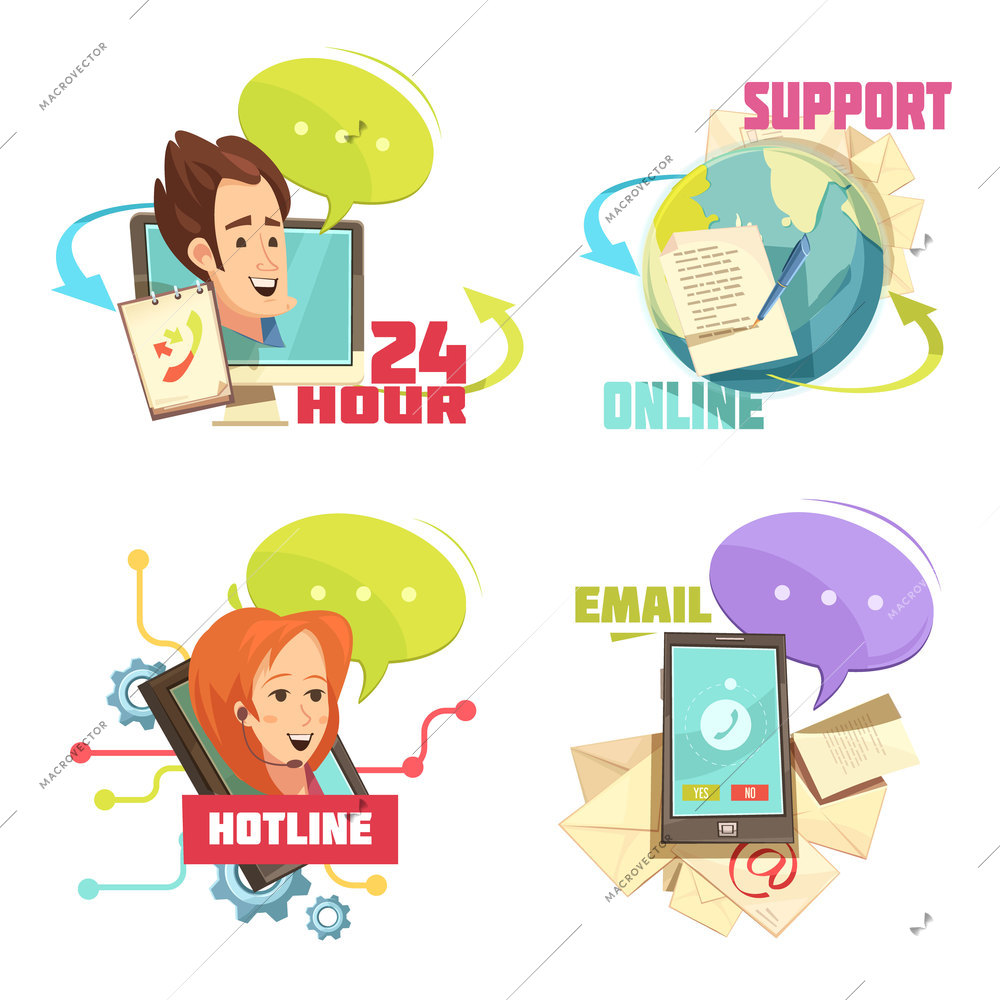 Contact us retro cartoon compositions with customer service 24 hour support online hotline email isolated vector illustration