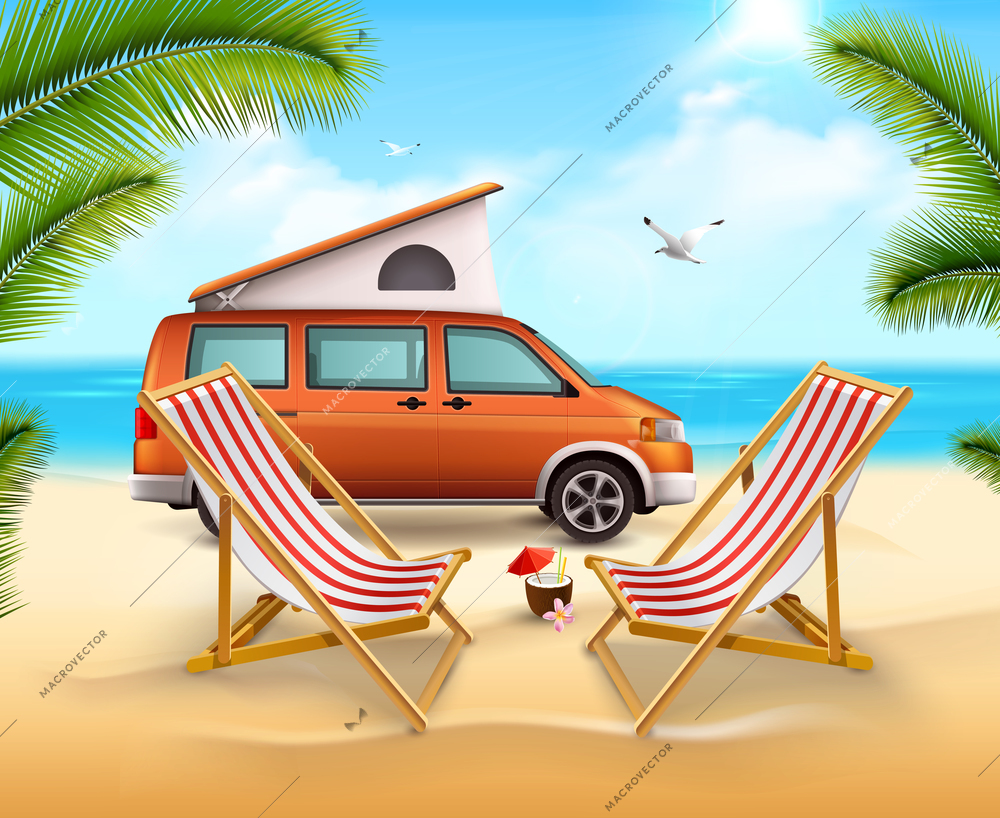 Colored summer camping poster with realistic vehicle on the sunny beach close to ocean vector illustration