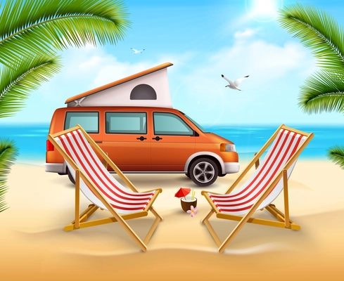 Colored summer camping poster with realistic vehicle on the sunny beach close to ocean vector illustration