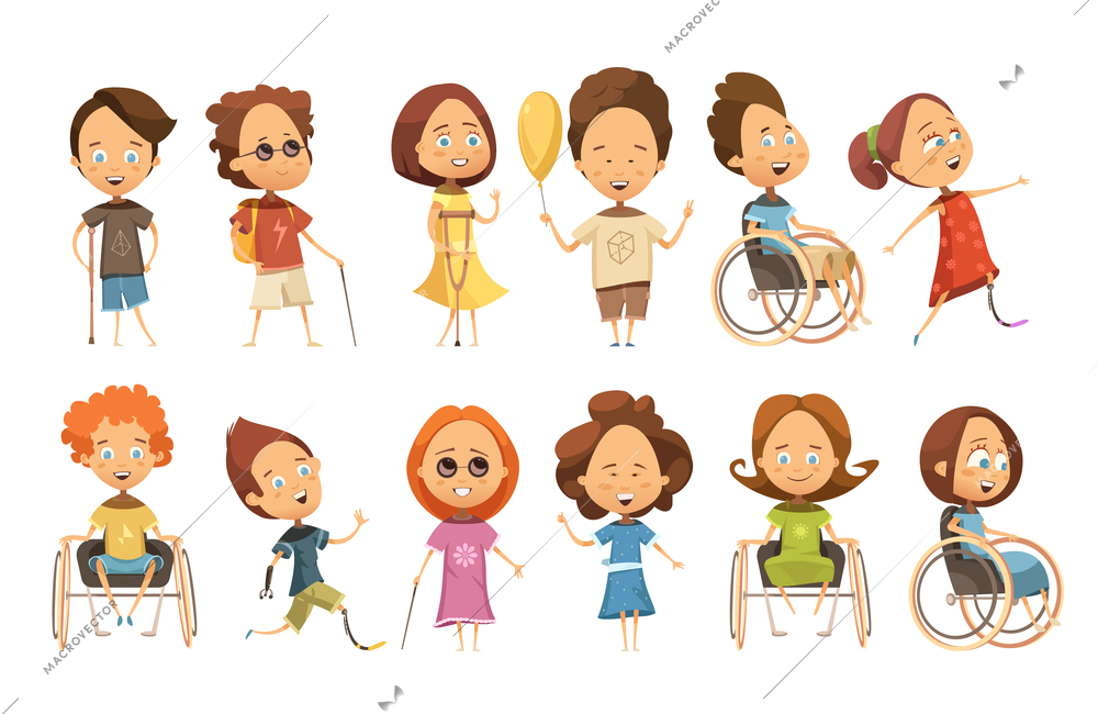 Set of disabled kids on wheelchair with crutch and prosthetic limbs blind persons isolated vector illustration