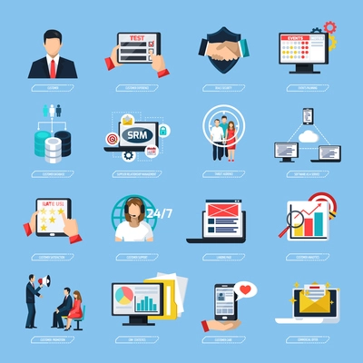 Set of flat icons with crm system including support customer database statistics and analysis isolated vector illustration