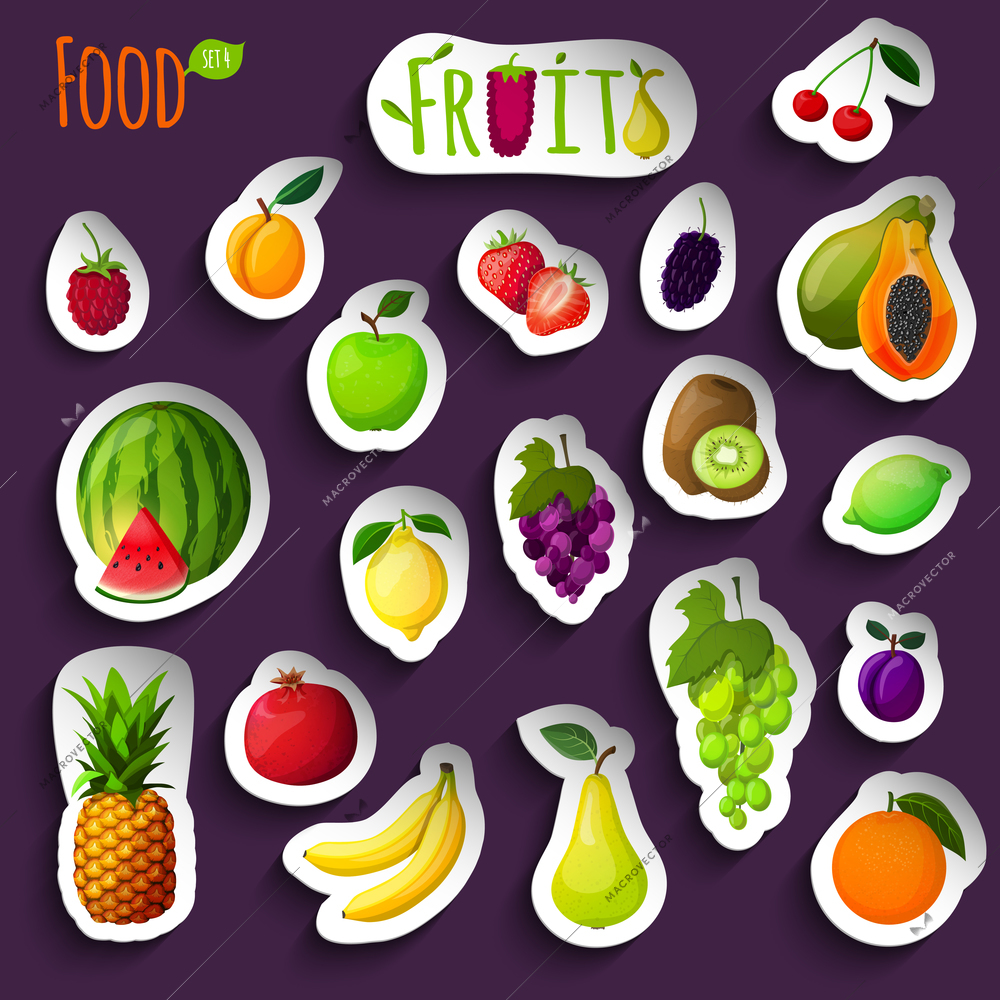 Fresh natural fruit stickers with apple lime lemon orange isolated vector illustration