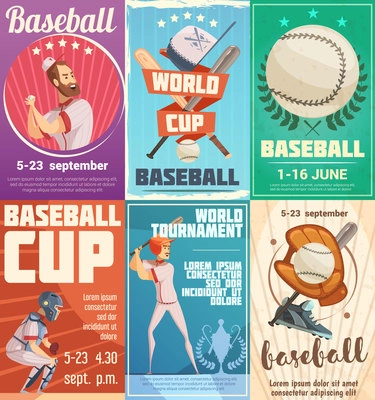 Set of baseball posters in retro style with advertising of date of tournaments and world cup flat vector illustration