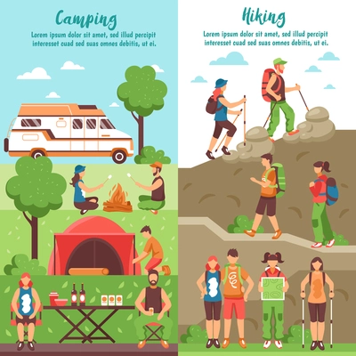 Camping hiking vertical banners set with editable text and compositions of people characters in outdoor environment vector illustration