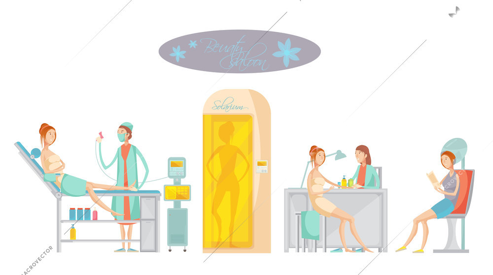 Flat concept with female customers doing epilation and receiving other services in beauty spa salon isolated vector illustration