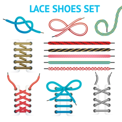 Isolated colorful shoelace icon set with different styles and colors for different types of shoes vector illustration