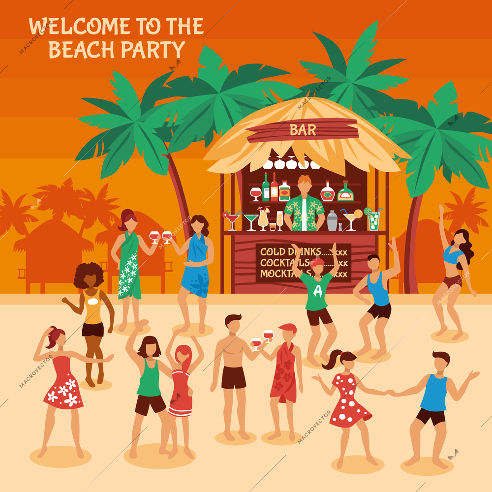 Beach party at sunset with bar and beverages cheerful people dancing on sand flat style vector illustration