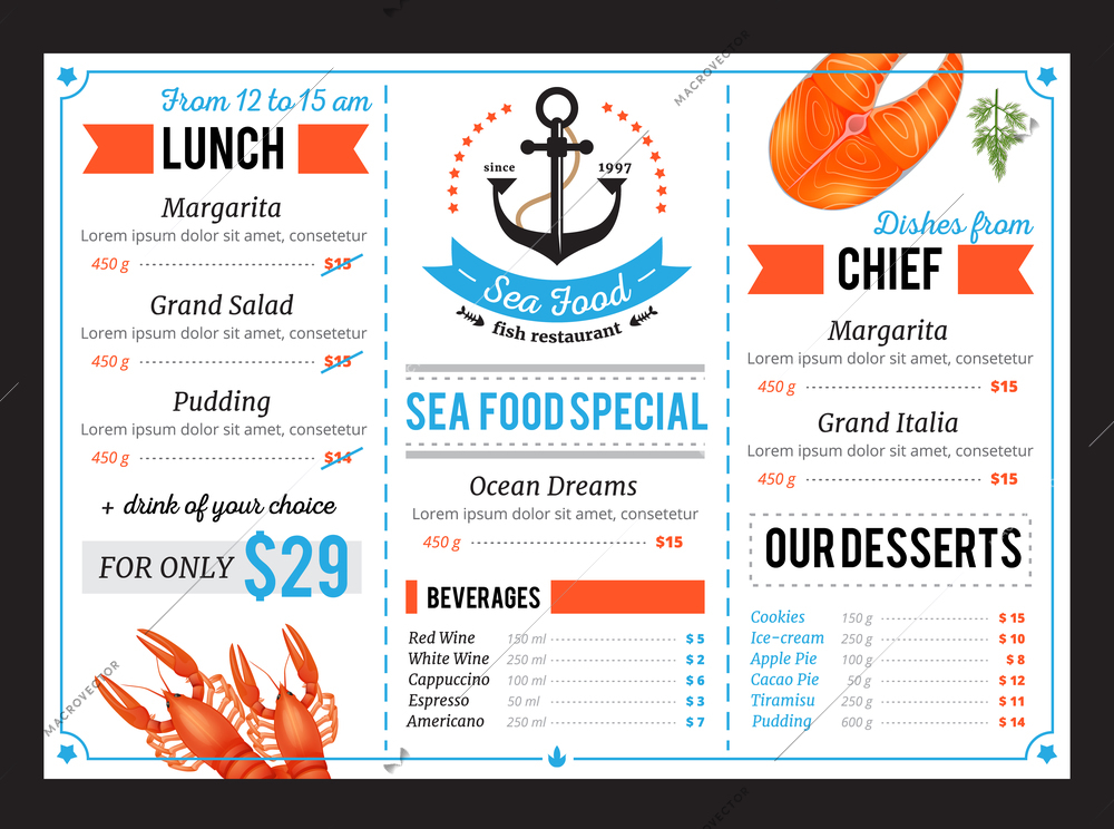 Classic sea food restaurant menu template with special chef dishes and daily budget lunch offer vector illustration