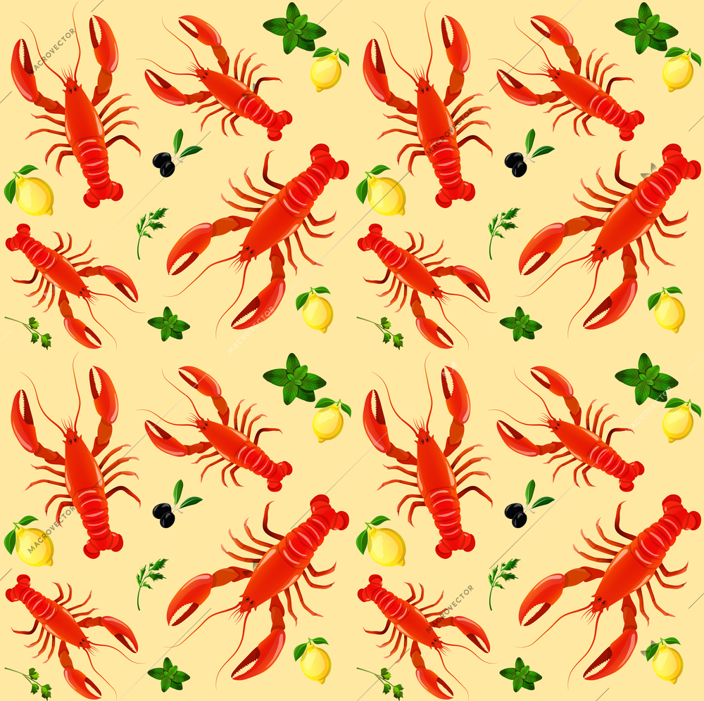 Lobster sea food mint parsley lemon olive seamless pattern vector illustration