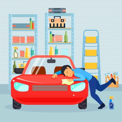 Colored flat male love his car composition with man washes his car in the garage vector illustration