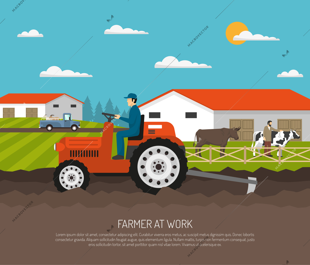 Farm background with flat farmsteading landscape and farmer character on agrimotor and livestock animals with text vector illustration