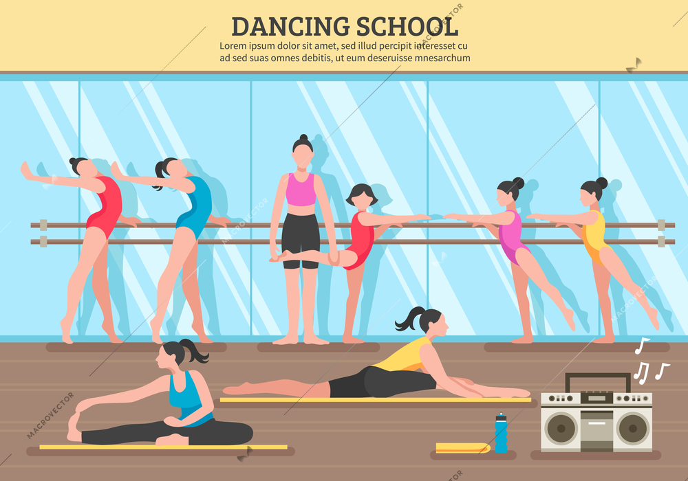 Dancing school with teacher and girl students near mirror and on mats music equipment flat vector illustration