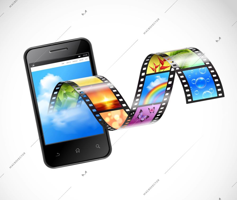 Smartphone with streaming video 3d design with film strip flowing from screen of mobile device vector illustration