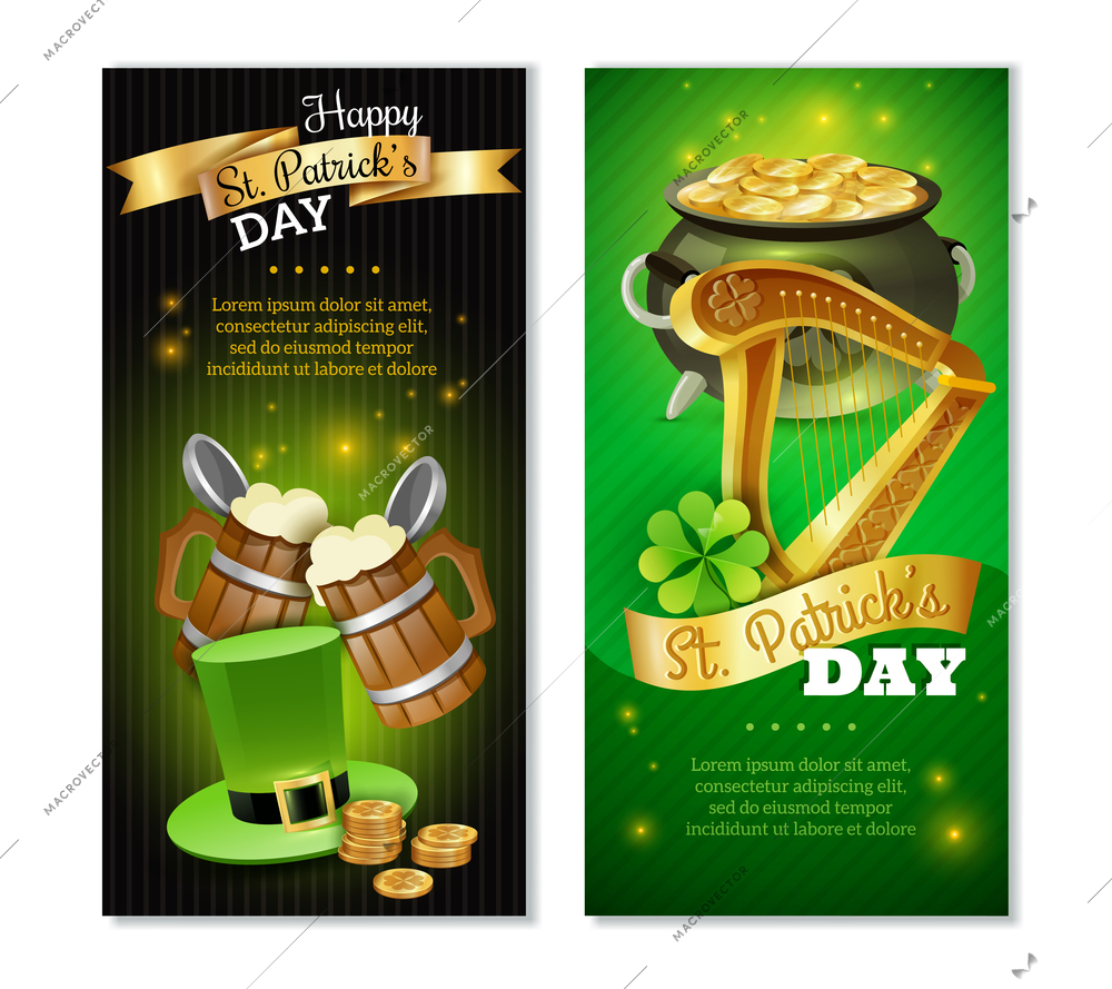 Saint Patricks day vertical banners set with celebration symbols cartoon isolated vector illustration