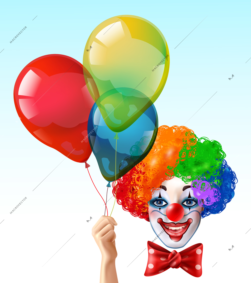 Circus clown smiling face with bright three color wig and hand holding balloons realistic funny vector illustration