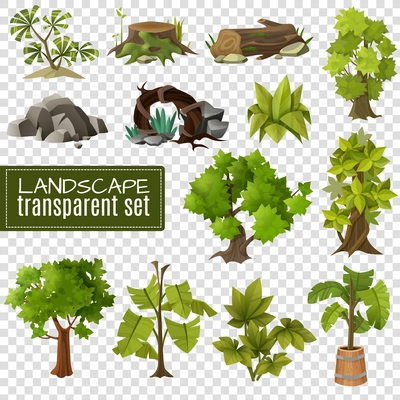 Modern gardening landscape natural elements collection with stones wood and tropical plants on transparent background vector illustration