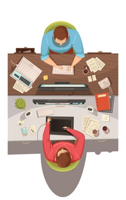 Business meeting top view design concept with two businessmen sitting in their jobs and discussing problems flat cartoon  vector illustration