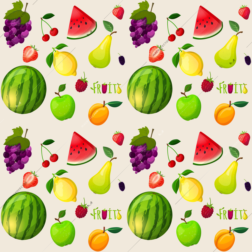 Fresh natural fruit seamless pattern with watermelon banana apple papaya vector illustration