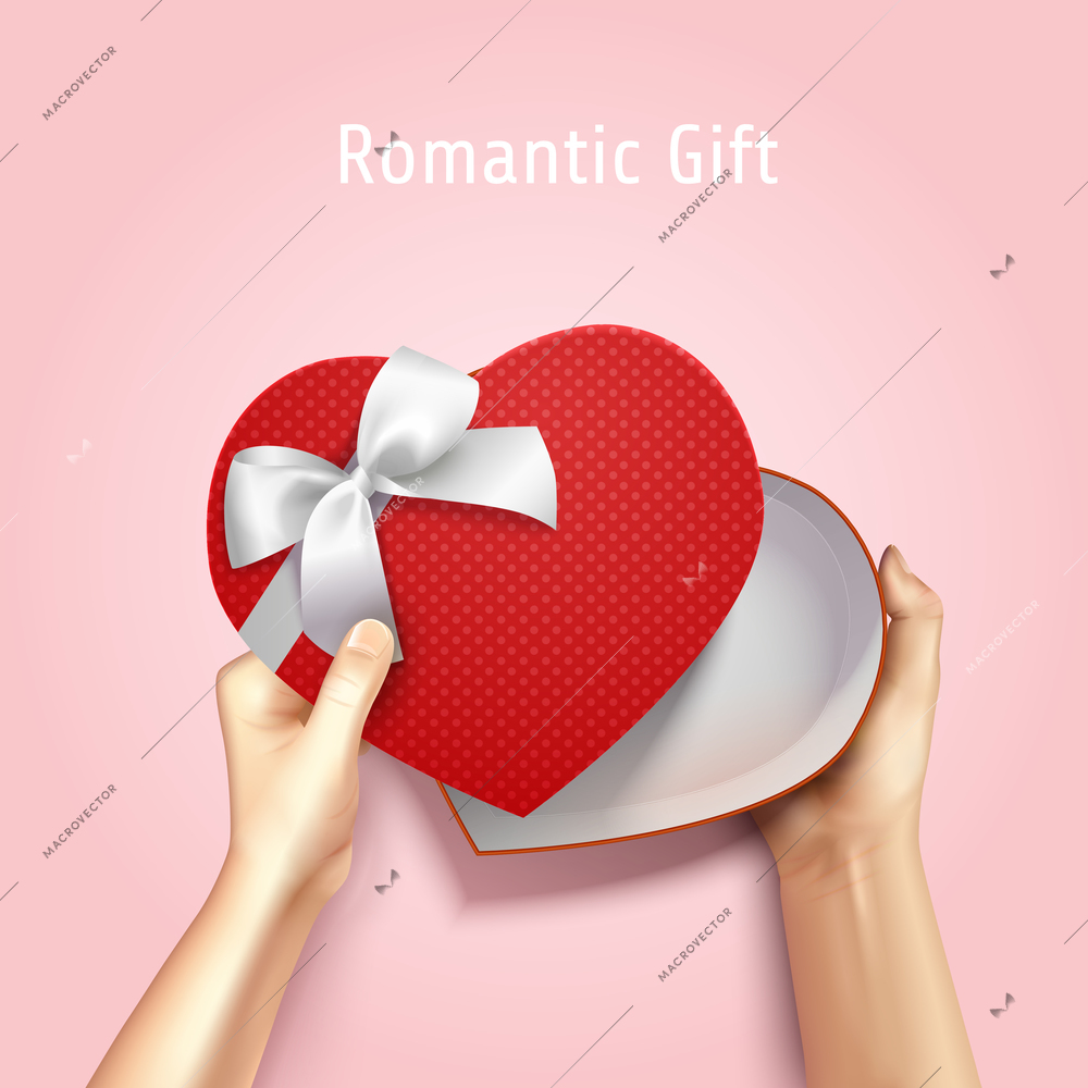 Hands holding gift box top view realistic 3D composition with heart shaped carton and editable text vector illustration