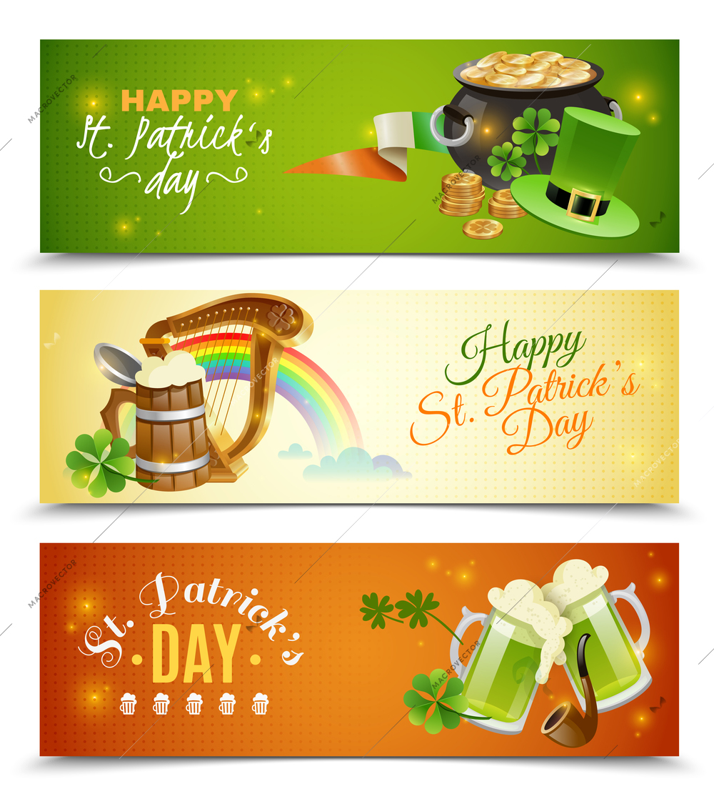 Saint Patricks day horizontal banners set with national holiday symbols cartoon isolated vector illustration