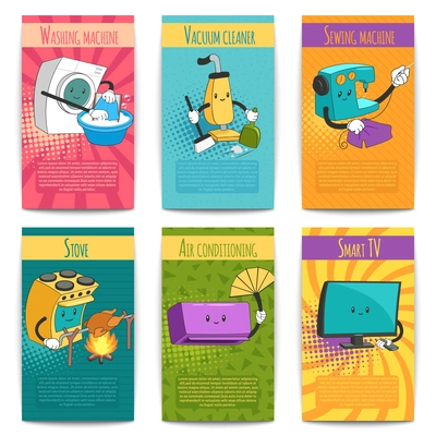 Six colored comic posters on domestic theme with household appliances in cartoon style flat vector illustration